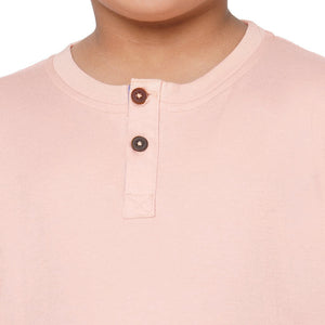 Peach Round Neck With Semi Placket T-shirt And Blue Stripes Printed Pyjama Set