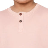 Peach Round Neck With Semi Placket T-shirt And Blue Stripes Printed Pyjama Set