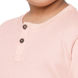 Peach Round Neck With Semi Placket T-shirt And Blue Stripes Printed Pyjama Set