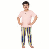 Peach Round Neck With Semi Placket T-shirt And Blue Stripes Printed Pyjama Set