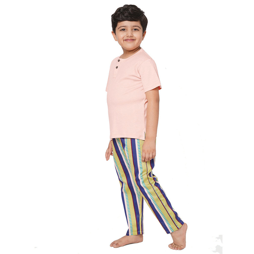 Peach Round Neck With Semi Placket T-shirt And Blue Stripes Printed Pyjama Set