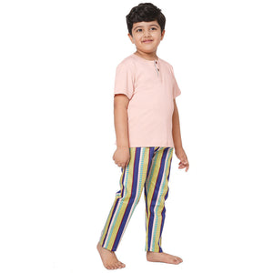 Peach Round Neck With Semi Placket T-shirt And Blue Stripes Printed Pyjama Set