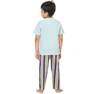 Aqua Round Neck With Semi Placket T-shirt And Blue Stripes Printed Pyjama Set