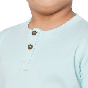 Aqua Round Neck With Semi Placket T-shirt And Blue Stripes Printed Pyjama Set