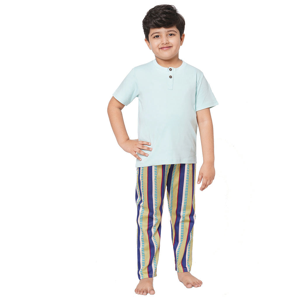 Aqua Round Neck With Semi Placket T-shirt And Blue Stripes Printed Pyjama Set