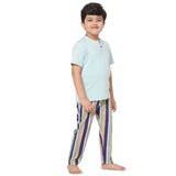 Aqua Round Neck With Semi Placket T-shirt And Blue Stripes Printed Pyjama Set