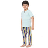 Aqua Round Neck With Semi Placket T-shirt And Blue Stripes Printed Pyjama Set