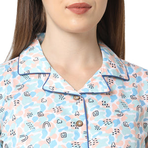 Camouflage Cotton Notched Collar Top With Full Sleeves And Light Blue Pyjama Set