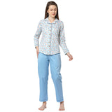 Camouflage Cotton Notched Collar Top With Full Sleeves And Light Blue Pyjama Set