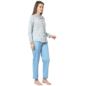 Camouflage Cotton Notched Collar Top With Full Sleeves And Light Blue Pyjama Set