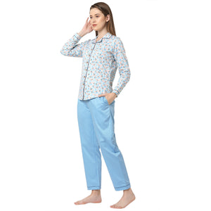 Camouflage Cotton Notched Collar Top With Full Sleeves And Light Blue Pyjama Set