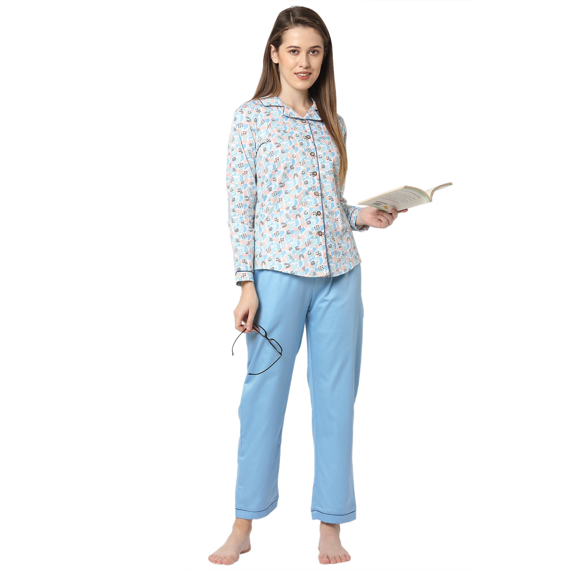 Camouflage Cotton Notched Collar Top With Full Sleeves And Light Blue Pyjama Set