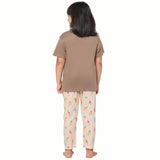 Brown Round Neck with Printed Pocket T-Shirt And Ice Cream Printed Pyjama Set