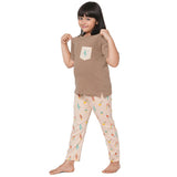 Brown Round Neck with Printed Pocket T-Shirt And Ice Cream Printed Pyjama Set