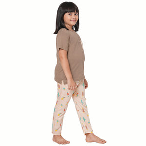 Brown Round Neck with Printed Pocket T-Shirt And Ice Cream Printed Pyjama Set