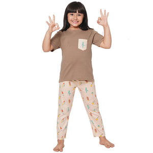 Brown Round Neck with Printed Pocket T-Shirt And Ice Cream Printed Pyjama Set