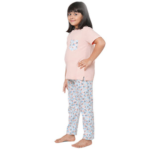 Peach Round Neck With Printed Pocket T-Shirt And Camouflage Printed Pyjama Set