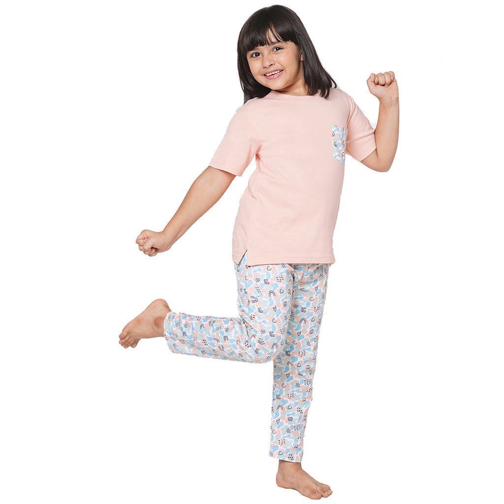 Peach Round Neck With Printed Pocket T-Shirt And Camouflage Printed Pyjama Set