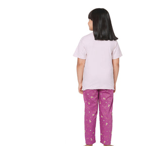 Light Pink Round Neck With Printed Pocket T-shirt And Space Printed Pyjama Set