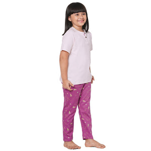 Light Pink Round Neck With Printed Pocket T-shirt And Space Printed Pyjama Set