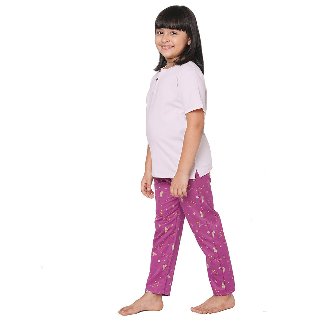 Light Pink Round Neck With Printed Pocket T-shirt And Space Printed Pyjama Set