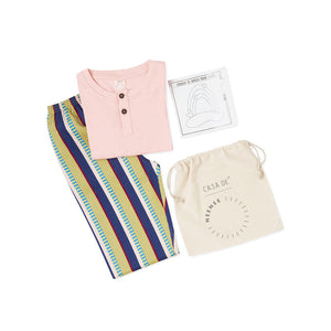 Peach Round Neck With Semi Placket T-shirt And Blue Stripes Printed Pyjama Set