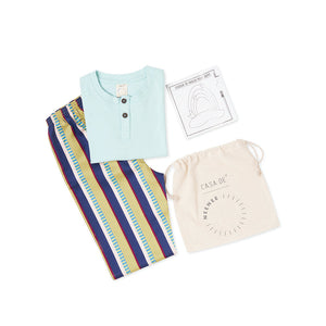 Aqua Round Neck With Semi Placket T-shirt And Blue Stripes Printed Pyjama Set