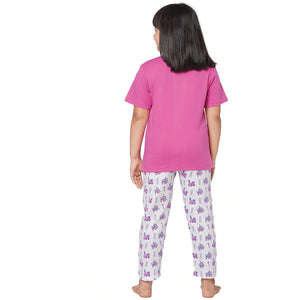 Dark Pink Round Neck With Semi Placket T-shirt And Train Printed Pyjama Set