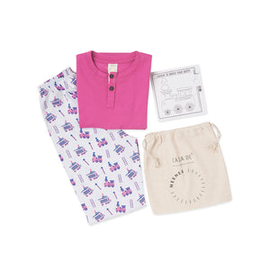 Dark Pink Round Neck With Semi Placket T-shirt And Train Printed Pyjama Set