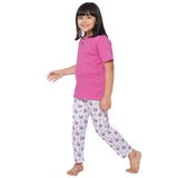 Dark Pink Round Neck With Semi Placket T-shirt And Train Printed Pyjama Set