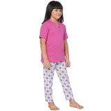 Dark Pink Round Neck With Semi Placket T-shirt And Train Printed Pyjama Set