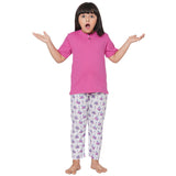 Dark Pink Round Neck With Semi Placket T-shirt And Train Printed Pyjama Set