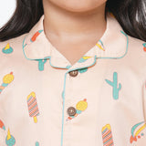 Ice Cream Peach Notched Collar Full Sleeve Night Suit For Kids