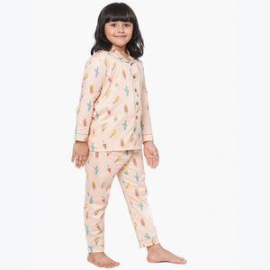 Ice Cream Peach Notched Collar Full Sleeve Night Suit For Kids