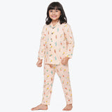 Ice Cream Peach Notched Collar Full Sleeve Night Suit For Kids