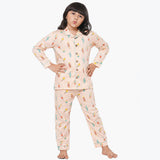 Ice Cream Peach Notched Collar Full Sleeve Night Suit For Kids