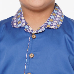 Navy-Square Printed Notched collar Shirt Full Sleeve And Pyjama Set