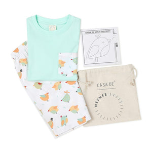 Bird Light Green Round Neck Half Sleeves Shorts Set