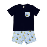 Honeybee Navy Blue Round Neck Half Sleeves Shorts Set