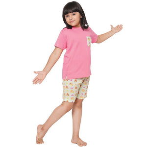 Elephant Dark Pink Round Neck Half Sleeves Shorts Set