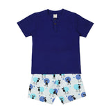 Sheep Blue Violet Round Neck With Placket Half Sleeves Shorts Set