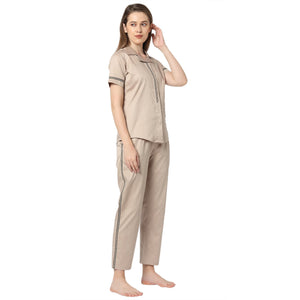 Champagne Cotton Notched Collar Top With Pocket Applique Champagne Pyjama Set