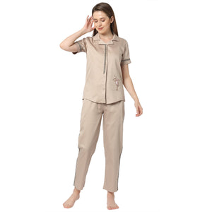 Champagne Cotton Notched Collar Top With Pocket Applique Champagne Pyjama Set