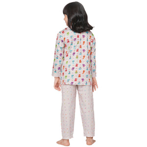 Cat Printed Peter Pan Collar Top Full sleeve And Pyjama set