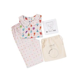 Cat Printed Peter Pan Collar Top Full sleeve And Pyjama set