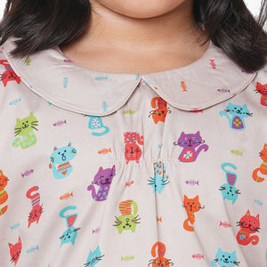 Cat Printed Peter Pan Collar Top Full sleeve And Pyjama set