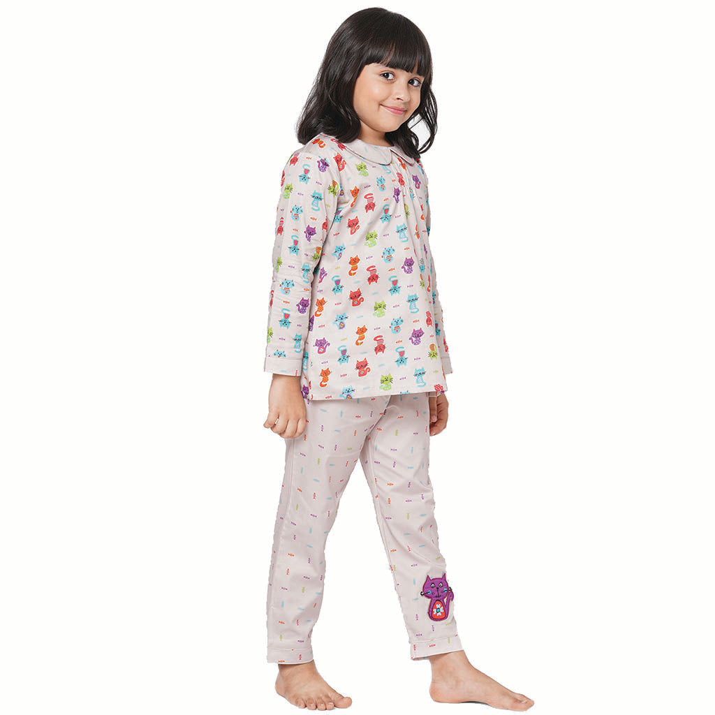 Cat Printed Peter Pan Collar Top Full sleeve And Pyjama set