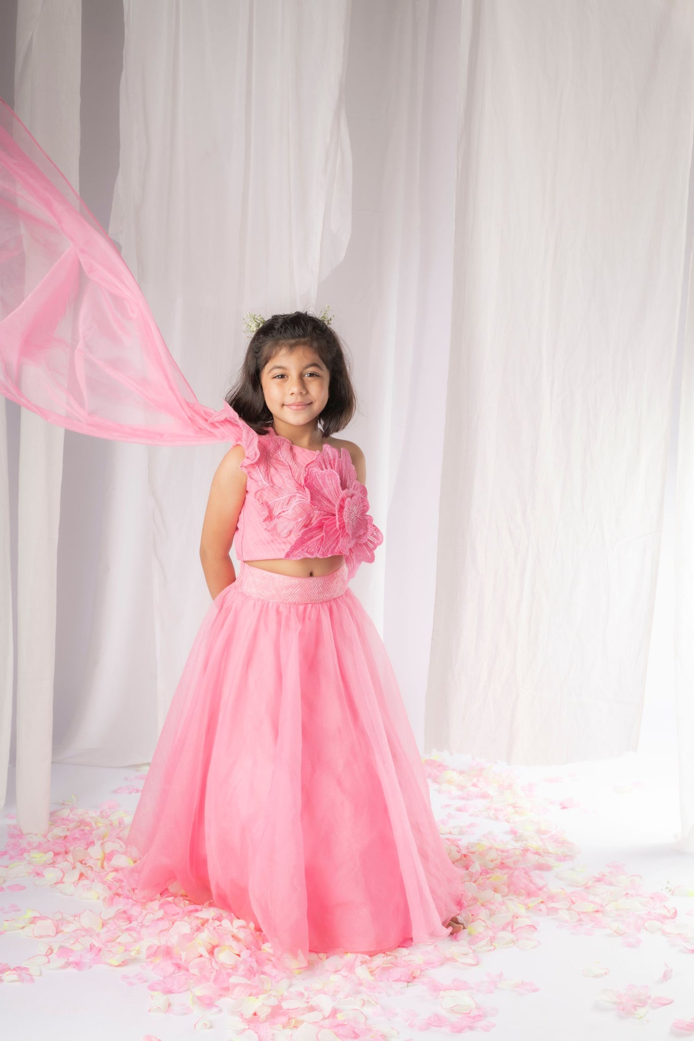 Pink 3D flower Ghagara Set