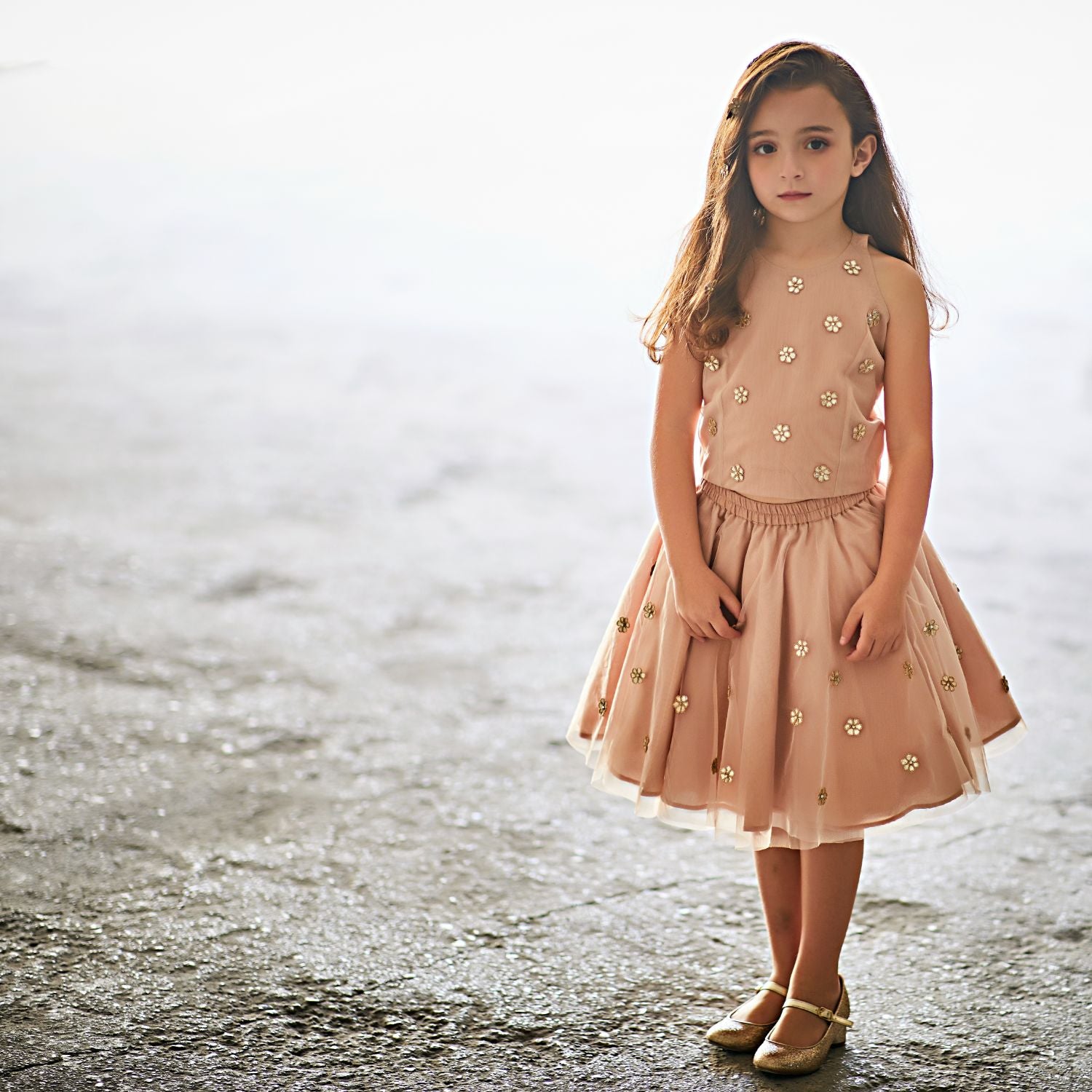 Hand Embroidered Metallic Flower Top and Skirt Set