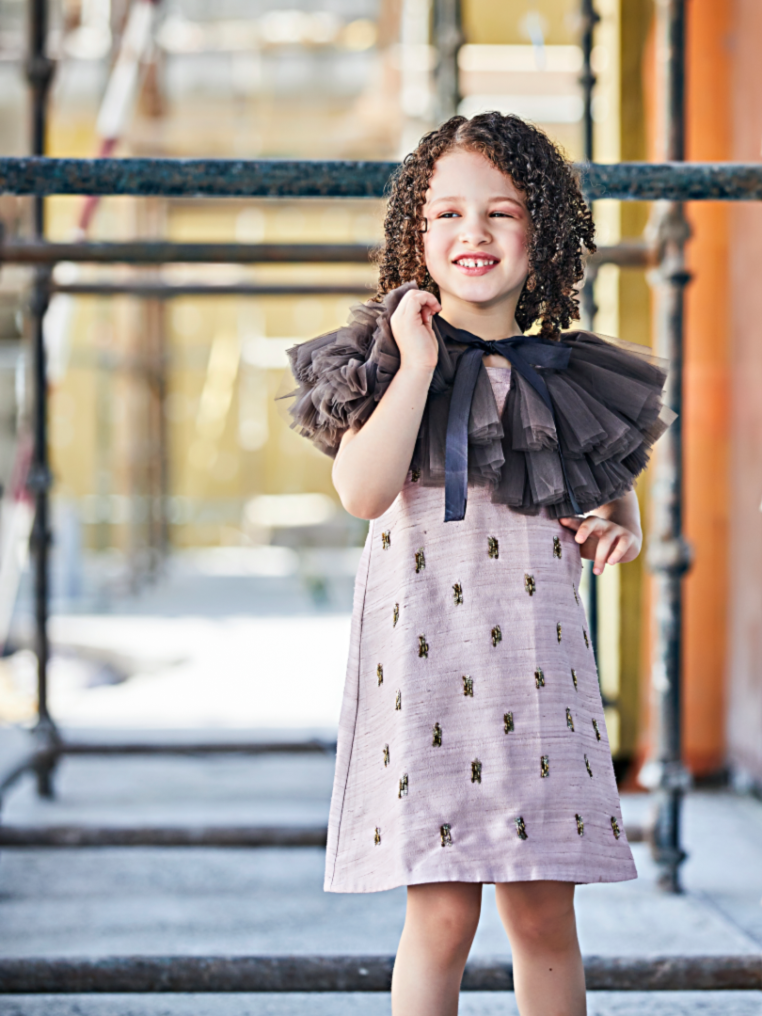 Hand Embroidered Raw Silk Dress and Pleated Tulle Cape Set